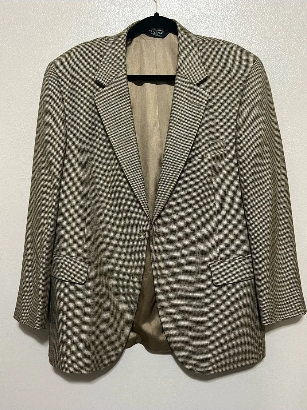 Jos. A Bank Blazer Tan Beige Houndstooth Windowpane Wool Sport Coat 43R Men's